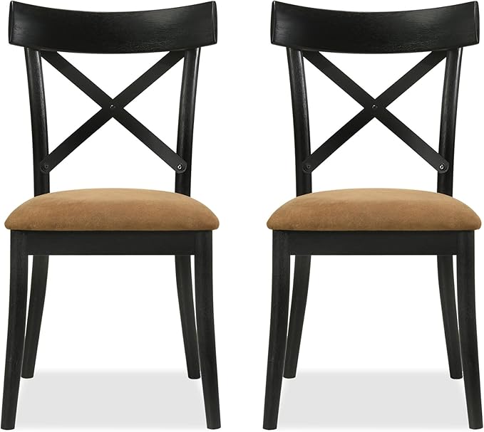 JUSTONE Dining Chairs Set of 2, Cross Back Side Chairs with Hillary Brown Leather Seats, Modern Wooden Kitchen Chairs, Walnut Black Finish for Dining Room, Kitchen, Home Cafe, Bar