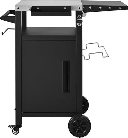 JIJIWANG 33.9" Outdoor Kitchen Island with Stainless Steel Top and Drop Leaf, Rolling Kitchen Cart on Wheels with Storage Cabinet and Spice & Paper Rack for BBQ Waterp, Black