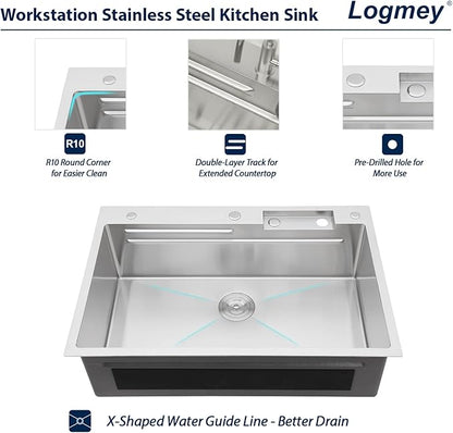 Logmey 33x22 Waterfall Kitchen Sink with faucet Combo Cup Washer Workstation Luxury Sinks 33 Inch Drop In Kitchen Sink Stainless Steel 16 Gauge Single Bowl Topmount Sinks 33x22x9