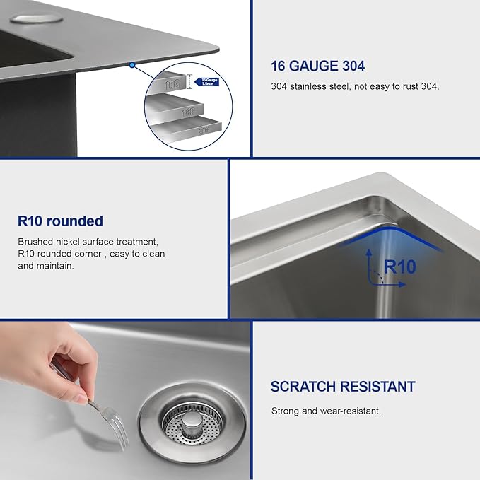 Dcolora 33x22 Drop In Workstation Stainless Steel Kitchen Sink 16 Gauge 304 Large Single Bowl Topmount Sinks with Accessories, Round Corner 33"x22"x10" #DC-T7741