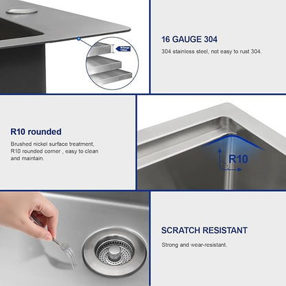 Dcolora 33x22 Drop In Workstation Stainless Steel Kitchen Sink 16 Gauge 304 Large Single Bowl Topmount Sinks with Accessories, Round Corner 33"x22"x10" #DC-T7741