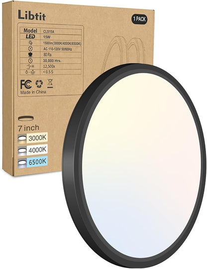 libtit Black Flush Mount Ceiling Light, 15W 1500Lm Thin Flat LED Lighting Fixture for Ceiling, 3000K-4000K-6500K & 7 Inch Modern Recessed Ceiling Lamp for Closet Kitchen Laundry Hallway