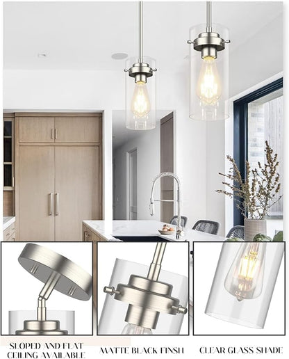 EAPUDUN Pendant Lights Kitchen Island (3 Pack), Clear Glass Shade Kitchen Lighting fixtures Ceiling Hanging, Black Pendant Lights for Kitchen Island,Dining Room,Corridor Bedroom E26 Base