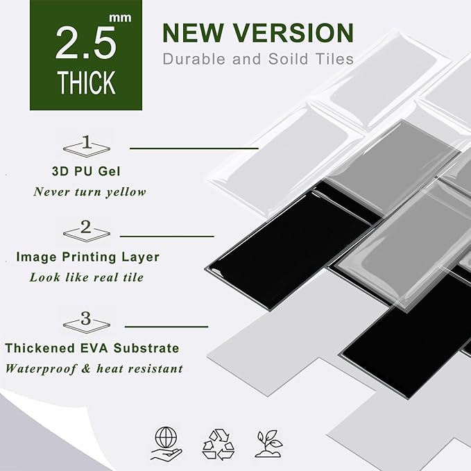 STICKGOO 10-Sheet Backsplash Peel and Stick Subway Tile, Black Self Adhesive Vinyl Wall Tiles, Stick on Backsplash for Kitchen and Bathroom(Thicker Design)
