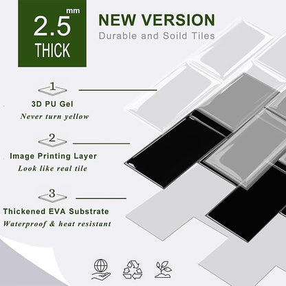 STICKGOO 10-Sheet Backsplash Peel and Stick Subway Tile, Black Self Adhesive Vinyl Wall Tiles, Stick on Backsplash for Kitchen and Bathroom(Thicker Design)