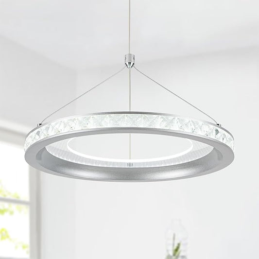 CHYING Modern Silver LED Crystal Pendant Light, 11.8" 24W 6000K Cool White Hanging Pendant Light Kitchen Island, Ring Ceiling Lights for Bedroom Dining Room Hallway