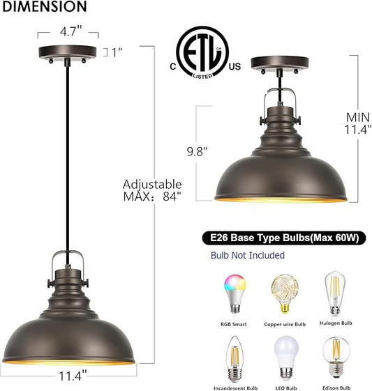 Industrial Pendant Light Fixture, Farmhouse Decor Adjustable Metal Hanging Lamp, Vintage Pendant Lighting for Kitchen Restaurant Dining Room Cafe, E26 Base Black 1 Pack