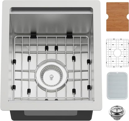13x15In Kitchen And Bar Workstation Sink- Small Stainless Steel Undermount Single Bowl Bar Sink Built-in Ledge Drop In Workstation Sink With Accessory-SS Grid Cutting Board,Silicon Mat,Drain Assembly