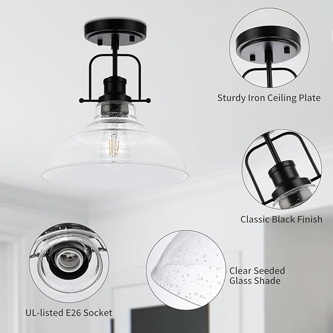 WILON Rustic Farmhouse Ceiling Light, Kitchen Lighting Fixtures Ceiling Lamp, Seeded Glass Ceiling Light, Semi Flush Mount Ceiling Lights for Sink Foyer Entryway Bathroom Laundry Room Hall Hallway