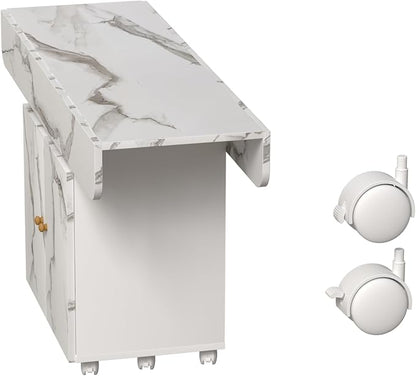 47" Folding Dining Table with Cabinet & Wheels, White Marble Kitchen Island - Versatile Entryway & Coffee Table