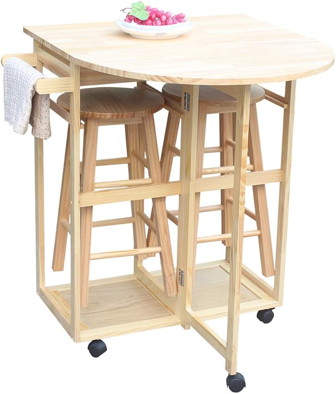 LITOU Kitchen Island on Wheels,Small Kitchen Table with Rolling Casters,Dining Table Set with Folding Drop Leaf 2 Drawers, Small Kitchen Table Set for 2 Square Stools - Natural