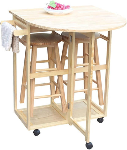 LITOU Kitchen Island on Wheels,Small Kitchen Table with Rolling Casters,Dining Table Set with Folding Drop Leaf 2 Drawers, Small Kitchen Table Set for 2 Square Stools - Natural