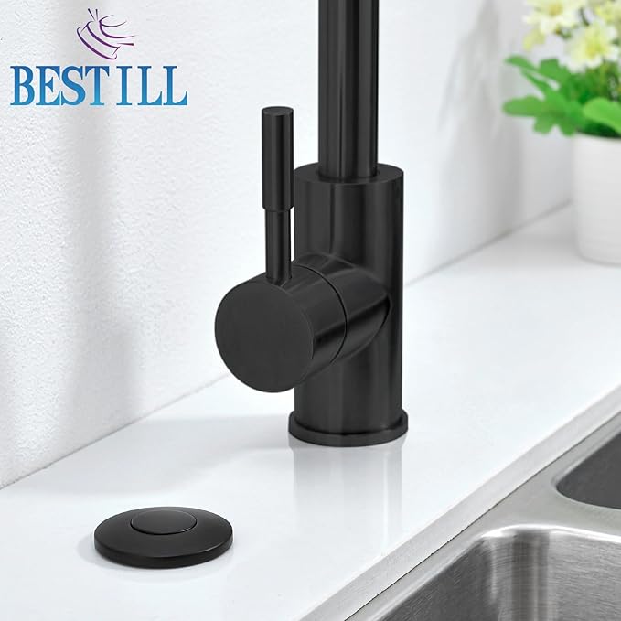 BESTILL Garbage Disposal Air Switch Kit - All Metal, UL Listed Long Push Button for Waste Disposer, Single Outlet Sink Top Solid Brass Air On/Off Button, Matte Black