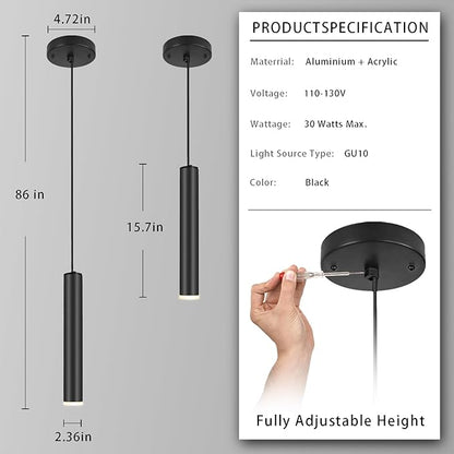 Modern Black Pendant Light Fixture for Kitchen Island, 1-Light Pendant Lighting, Lights Cord Adjustable, Matching GU10 lamp Holder,for Living Room Bedroom Dining Room（Wide Beam Angle）(3 Pack)