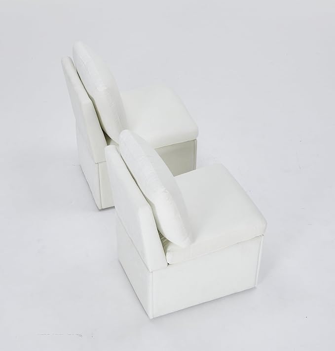 Set of 2 Linen Upholstered Armless Dining Chair with Casters and Storage Space, Modern Dining Room Chairs with Wheels for Dining Room Kitchen Bedroom Reading Room Living Room, Ivory
