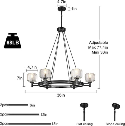 Black Round Crystal Chandelier, 36" K9 Crystal Chandeliers for Dining Room Over Table, Wagon Wheel Chandeliers for Dining Room,Living Room,Foyer,Includes 6XE12 Bulbs