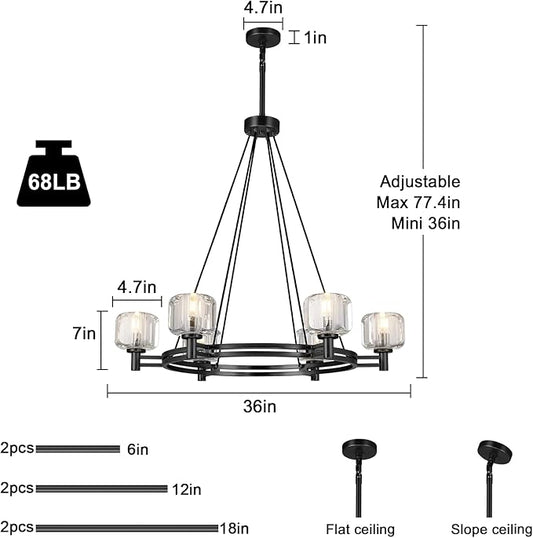Black Round Crystal Chandelier, 36" K9 Crystal Chandeliers for Dining Room Over Table, Wagon Wheel Chandeliers for Dining Room,Living Room,Foyer,Includes 6XE12 Bulbs