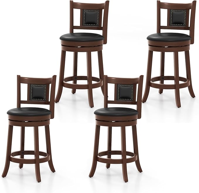 ERGOMASTER Set of 4 Swivel Bar Stools 30.5 Inch Height - 360° Rotating PU Leather Counter Stools with Backrest & Footrest, Brown Tobacco Wood Kitchen Island Stools, 250 lbs Capacity
