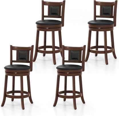 ERGOMASTER Set of 4 Swivel Bar Stools 30.5 Inch Height - 360° Rotating PU Leather Counter Stools with Backrest & Footrest, Brown Tobacco Wood Kitchen Island Stools, 250 lbs Capacity