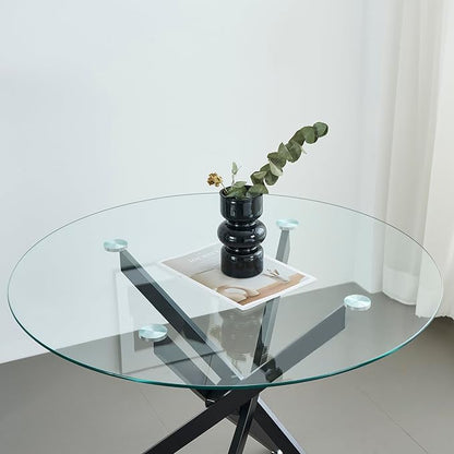 Henf 36" Round Dining Table with Black Metal Legs, Glass Kitchen Table for 2-4 People, Round Glass Dining Room Table for Small Space, Easy Assembly Circular Side Desk