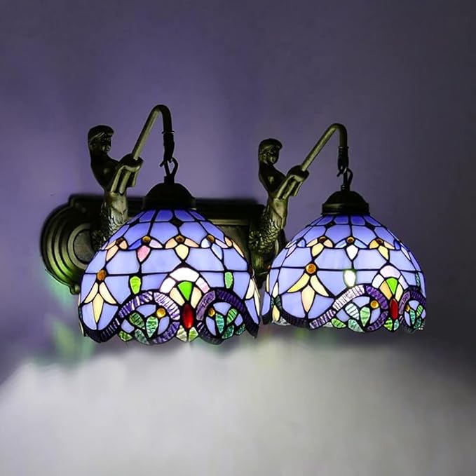 Wall Sconce Lighting with Mermaid 2-Light Antique Wall Light Fixture Stained Glass Bowl Shade Bronze Finish Retro Vintage Wall Lamp for Bedroom Hallway Stairway Balcony Bathroom (Blue)