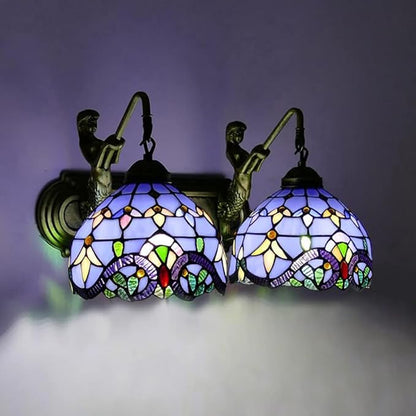 Wall Sconce Lighting with Mermaid 2-Light Antique Wall Light Fixture Stained Glass Bowl Shade Bronze Finish Retro Vintage Wall Lamp for Bedroom Hallway Stairway Balcony Bathroom (Blue)