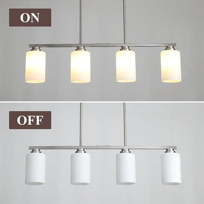 Mecgirn Island Light for Kitchen, Brushed Nickel Dining Room Light Fixture Over Table with Milk Glass Shade, 4-Light Linear Chandelier Pendant Lighting for Dining Table Kitchen Island Living Room