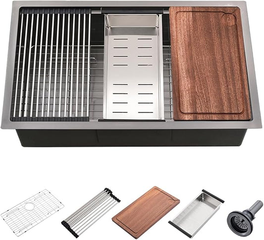 30 Inch Black Undermount Kitchen Sink Workstation-Wesliv 30x19 Undermount Kitchen Sink 16 Gauge Ledge Workstation Sink Single Bowl Deep Kitchen Sink with Cutting Board