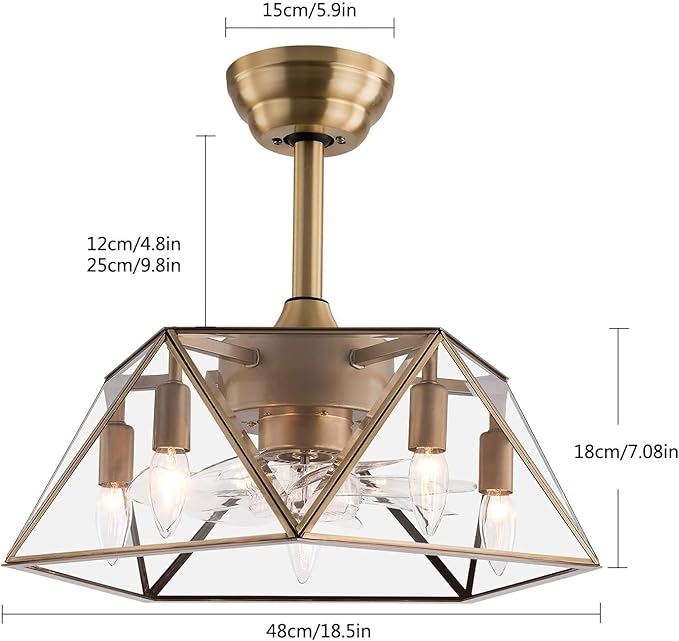 OUKANING Caged Fandelier Ceiling Fan with Light, Golden Ceiling Fans with Remote Control & Noiseless 35db - Farmhouse Rustic Bladeless Ceiling Fans Chandelier Retro Lighting Fixture (Pentagram)