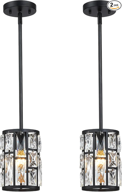 MEXO Modern Crystal Pendant Light Fixture 2-Pack Matte Black Finish Hanging Lighting Crystal Chandelier for Living Room, Kitchen