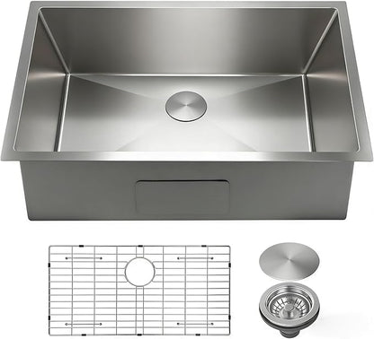 SANYCASA 32 Inch Undermount Kitchen Sink with Quiet Drain, Bottom Grid - 11 Gauge Stainless Steel Single Bowl