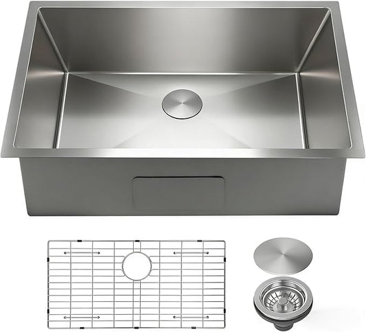SANYCASA 32 Inch Undermount Kitchen Sink with Quiet Drain, Bottom Grid - 11 Gauge Stainless Steel Single Bowl