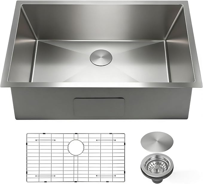 SANYCASA 28 x 18 Inch Undermount Kitchen Sink with Quiet Drain, Bottom Grid - 11 Gauge Stainless Steel Single Bowl