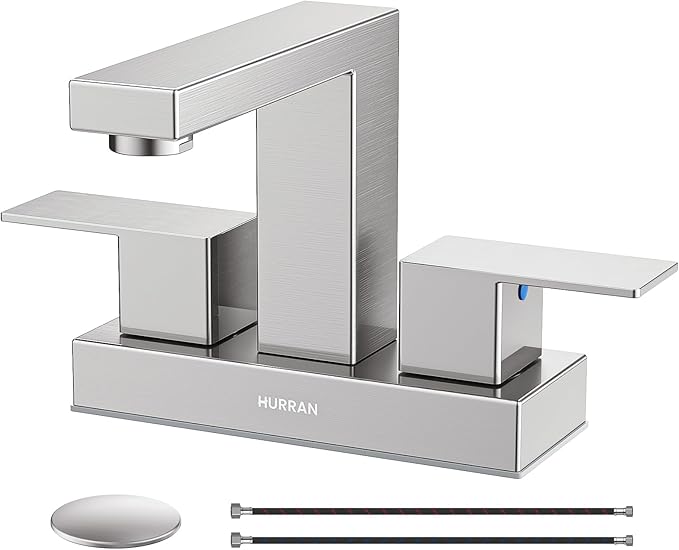 Bathroom Sink Faucet, Hurran 4 inch Brushed Nickel Bathroom Faucets for Sink 3 Hole with Pop-up Drain and Supply Lines, Stainless Steel 2-Handle Lead-Free Faucet for Vanity RV Restroom