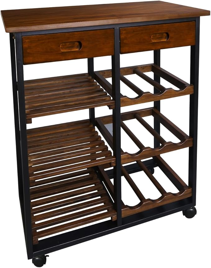 Casual Home Solid Wood 28" Wide l 4-Tier Rolling Kitchen Island Trolley with Wine Rack and Drawer, Mocha/Black