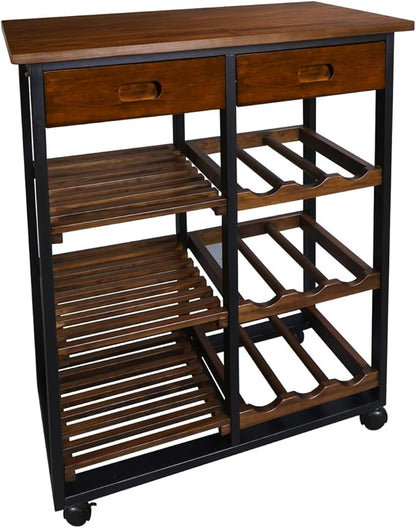 Casual Home Solid Wood 28" Wide l 4-Tier Rolling Kitchen Island Trolley with Wine Rack and Drawer, Mocha/Black