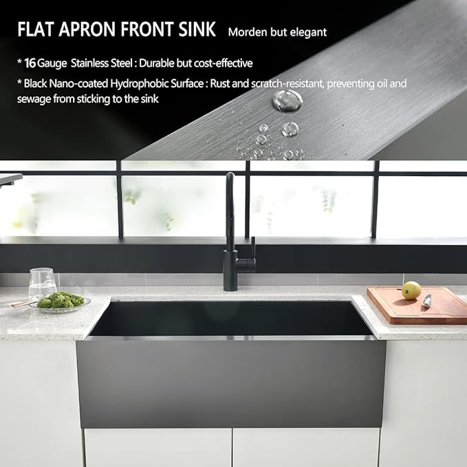 33x20 Black Undermount Farmhouse Sink, Gabhar 33 Inch 16Gauge Black Stainless Steel Undermount Farmhouse Sink Flat Apron Front Kitchen Sinks