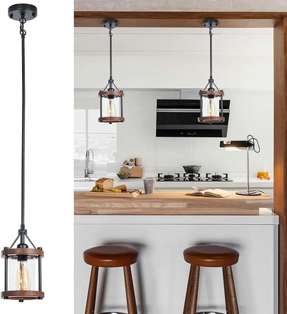 Farmhouse Pendant Light, Rustic Walnut Wood Metal Cage Hanging Light Fixtures with Glass, Adjustable for Flat and Slop Ceiling, Pendant Lighting for Kitchen Island Foyer Hallway,2-Pack