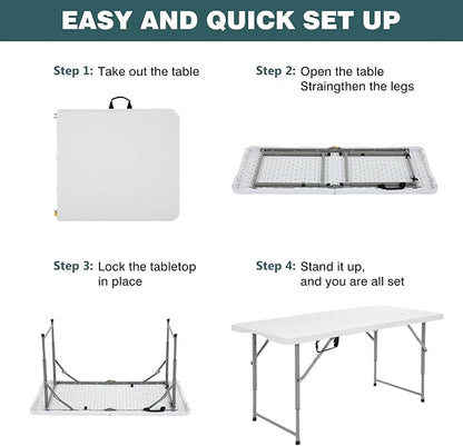 FDW 4 Foot Outdoor Dining Table, Foldable Portable Rectangular Plastic Folding Table with Built in Carrying Handle and Height Adjustable for Party and Wedding Use, White