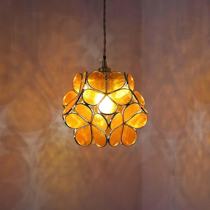 Bieye L10966 Petals Tiffany Style Stained Glass Ceiling Pendant Light with 8-inch Wide Lampshade (Orange Translucent, 8" Cherry Blossom)