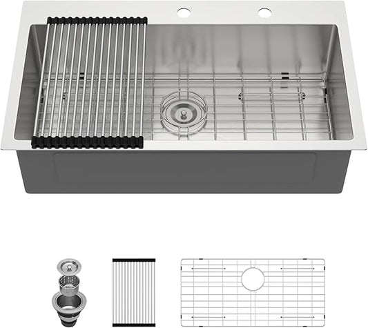 Lordear 33x19 Inch Drop In Kitchen Sink Stainless Steel Topmount Sinks T304 16 Gauge Single Bowl Above Counter 10 Inch Basin