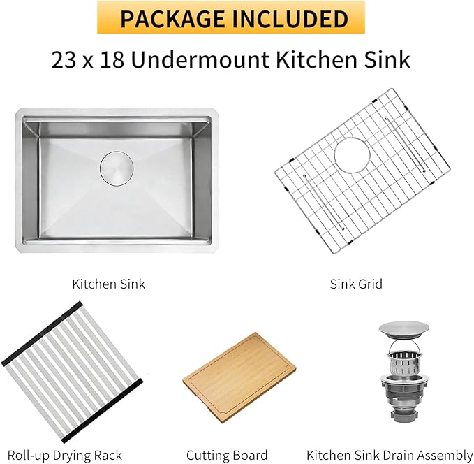 Undermount Kitchen Sink,16 Gauge T-304S Stainless Steel Workstation Sinks with Accessories, 23" x 18" x 10" Deep Single Bowl Kitchen Sinks for Outdoor, RV, Wetbar and Bathroom