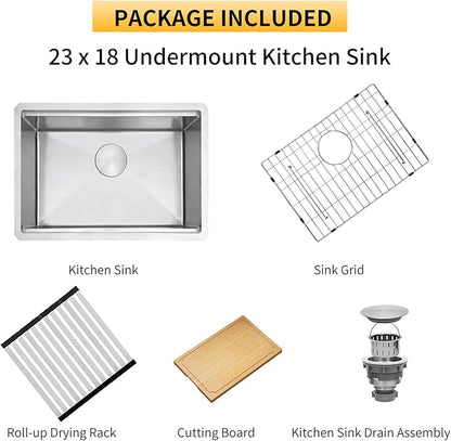 Undermount Kitchen Sink,16 Gauge T-304S Stainless Steel Workstation Sinks with Accessories, 23" x 18" x 10" Deep Single Bowl Kitchen Sinks for Outdoor, RV, Wetbar and Bathroom