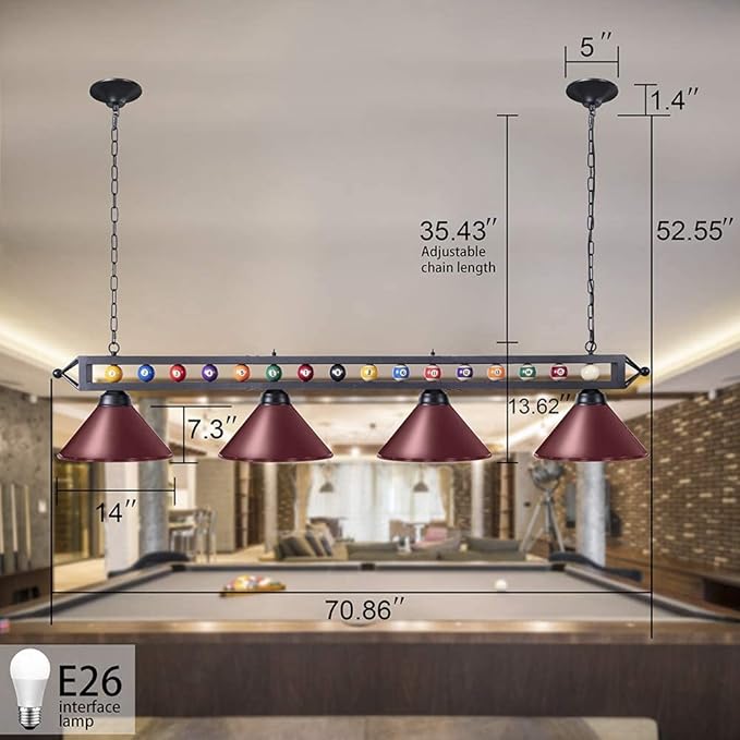 Wellmet Pool Table Light for Billiard Table, 4 Lights Pool Table Lights Over Pool Table, Industrial Kitchen Island Lighting, Hanging Light Fixture for Game Room, Billiard Room, Bar, Man Cave