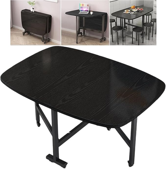 Multifunction Expandable Folding Table, Drop Leaf Dining Table with 6Wheels, Wooden Foldable Kitchen Table, Multifunction Expandable Folding Table for Small Spaces Kitchen, Bedroom, Living Room, black