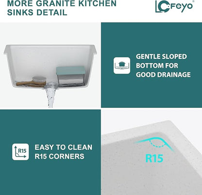 24 Inch Undermount Laundry Sink, White Granite Composite Quartz Sink, 12 Inch Deep Single Bowl Utility Sink, Non-Porous, Stain Resistant, Easy to Clean, Modern Sink for Laundry Room