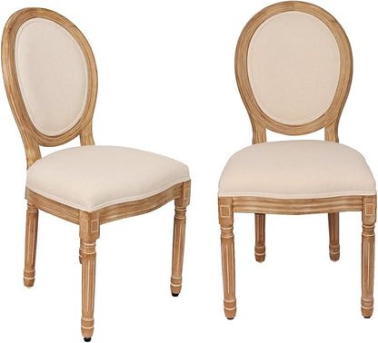 LZMS Vintage Dining Chairs Set of 2, Vintage Farmhouse Style Rubber Wood Room Chairs, Round Back, Solid Wood Frame, Beige Fabric Upholstery French Country Chairs for Kitchen, Bedroom, Dining Room