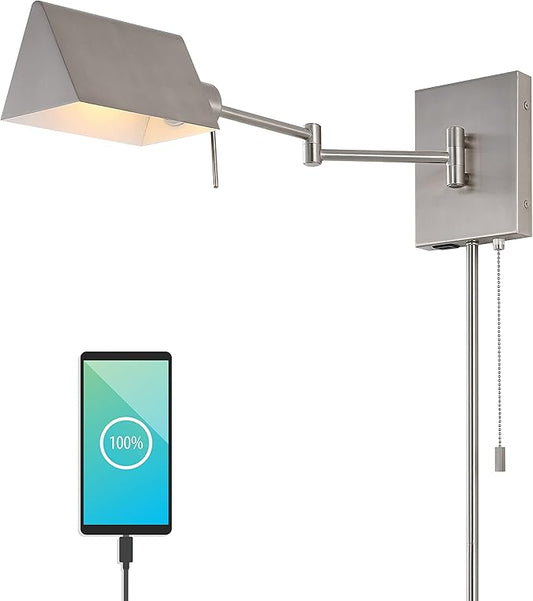JONATHAN Y 22" Nickel Swing Arm Wall Sconce, Plug-in or Hardwired with USB Charging Port and Pull Chain, Iron Shade, Industrial LED Reading Lamp (JYL6015C)