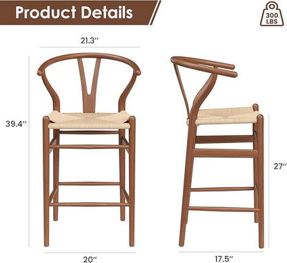 Modern Dining Chairs with Natural Weave Seat - Sturdy Construction Bar Stools for Kitchen Island, Versatile Use in Dining Room and Bedroom, Stylish Simple Design Comfortable Fully Assembled,Walnut-Rat