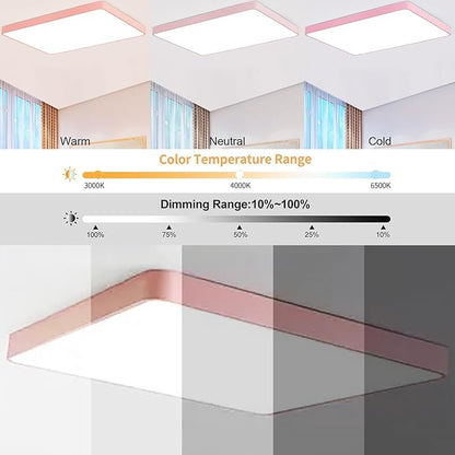 LED Ceiling Light Fixture,16 * 24 Inch Modern Rectangle Recessed Ceiling Lights,48W 3000K-6000K Dimmable Light,Pink Close to Ceiling Lighting Flush Mount Living Room Bedroom Ceiling Lamp
